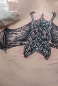 纹身蝙蝠  女生胸下黑灰色的蝙蝠纹身图片