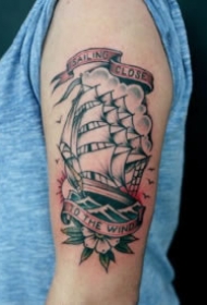 一组school风格的漂亮帆船纹身作品和手稿