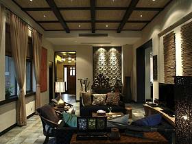 东南亚客厅别墅吊顶窗帘设计方案