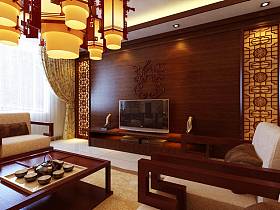 中式客厅窗帘电视背景墙设计方案