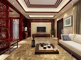中式客厅沙发电视柜茶几电视背景墙装修案例
